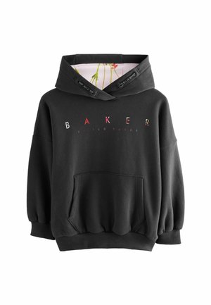 Felpa nera con cappuccio, caratterizzata da una tasca frontale e maniche oversize. Fodera interna con motivo floreale. Logo "BAKER" in testo colorato.