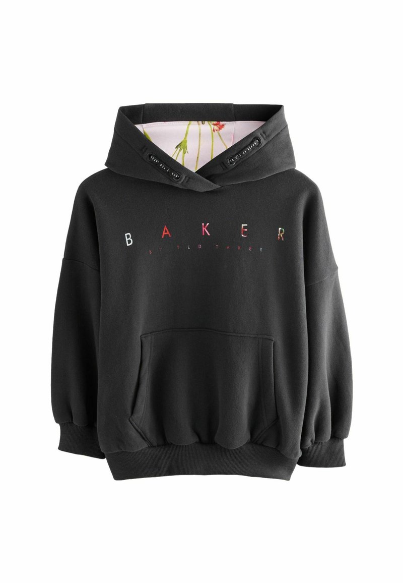 Felpa nera con cappuccio, caratterizzata da una tasca frontale e maniche oversize. Fodera interna con motivo floreale. Logo "BAKER" in testo colorato.