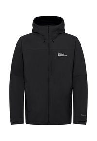 Schwarze wasserdichte Jacke mit Kapuze, Reißverschluss und Logo auf der linken oberen Seite. Verfügt über Seitentaschen und verstellbare Bündchen. Glatte Textur.