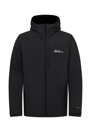 Schwarze wasserdichte Jacke mit Kapuze, Reißverschluss und Logo auf der linken oberen Seite. Verfügt über Seitentaschen und verstellbare Bündchen. Glatte Textur.