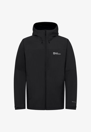 Schwarze wasserdichte Jacke mit Kapuze, Reißverschluss und Logo auf der linken oberen Seite. Verfügt über Seitentaschen und verstellbare Bündchen. Glatte Textur.