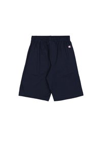 Bermuda in cotone blu navy con vita elastica, dotate di un piccolo logo sul lato sinistro anteriore. Texture liscia e design lungo fino al ginocchio.