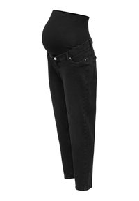 Jean de maternité noir avec une taille lisse et extensible et un design à cinq poches. Style denim classique avec une coupe décontractée pour le confort.