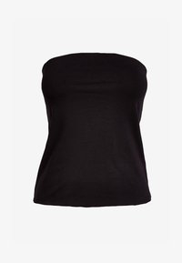 Top negro sin tirantes hecho de un tejido suave. Tiene un diseño ajustado con una textura lisa y un dobladillo recto. No presenta patrones ni elementos metálicos visibles.