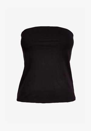 Sort stropløs top lavet af blød stof. Den har et tætsiddende design med en glat tekstur og en lige skæring i kanten. Ingen mønstre eller hardware synlige.