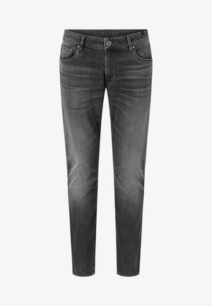Grijze denim broek met een slim fit, met subtiele vervaging en whiskering, vijf zakken en een knoopsluiting.