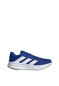 Modrá sportovní bota s prodyšným síťovaným svrškem, bílým designem se třemi pruhy, tkaničkami, polstrovanou podrážkou a texturovanou podrážkou pro dobrou přilnavost.