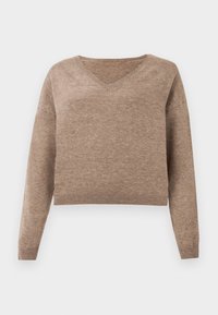 Maglione a collo a V di colore marrone chiaro, con maniche lunghe e orlo a coste. Tessuto morbido con un design leggermente cropped e senza motivi visibili.