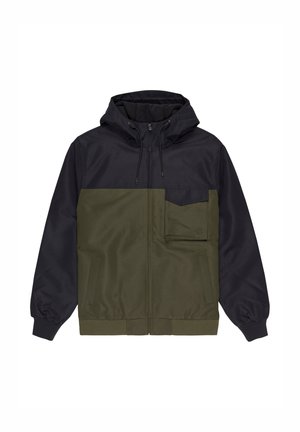 Hooded jacket with a zip front, featuring a dark blue upper and olive green lower. Includes a front pocket and elastic cuffs. Smooth fabric.