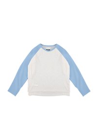 Jasnoszary sweter z długimi niebieskimi raglanowymi rękawami. Posiada okrągły dekolt i delikatnie zakrzywiony dół. Gładka faktura, minimalistyczne logo.
