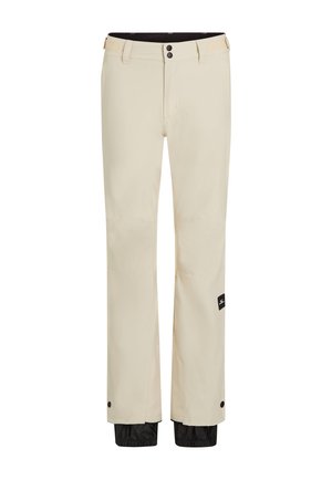 Beige waterdichte broek met twee knoopsluitingen, een ritssluiting en een zwarte verstelbare zoom. Voorzien van een logo-tag op het linkerbeen.