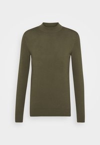 Pullover verde oliva a maniche lunghe con collo alto, realizzato in tessuto a maglia liscia. Presenta polsini e orlo a costine per un look aderente.