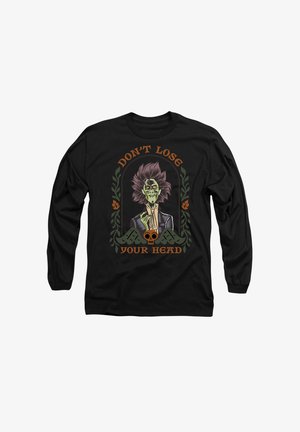 Black long-sleeve shirt featuring a graphic design of a cartoonish skull with green skin, vibrant purple hair, and text: "DON'T LOSE YOUR HEAD."