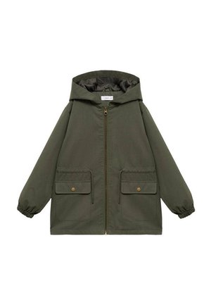 Veste à capuche vert olive avec une fermeture éclair à l'avant, deux poches avant et des poignets élastiques. Fabriquée à partir d'un tissu léger avec une texture lisse.