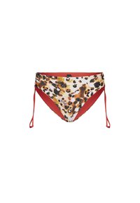 Bikini-Höschen mit weißem Grund und Leopardenmuster, roten Seiten und Bindebändern. Aus dehnbarem Stoff für Komfort und Passform gefertigt.