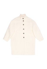 Abrigo color crema con cuello alto, cierre de botones y dos bolsillos delanteros. Hecho de tela texturizada con un ajuste suelto y extragrande.