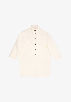 Płaszcz w kolorze kremowym z wysokim kołnierzem, zapięciem na guziki i dwoma przednimi kieszeniami. Wykonany z teksturowanej tkaniny o luźnym, oversize'owym fasonie.