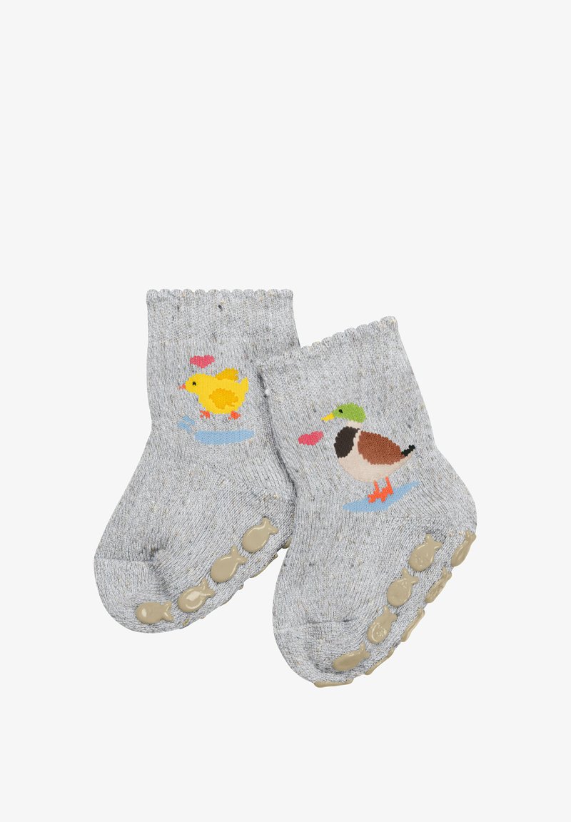 Szare, dziane skarpetki z wzorem żółtego kurczaka i brązowej kaczki. Teksturowana podeszwa z rybnymi wzorami dla lepszej przyczepności. Fala na krawędzi mankietu.