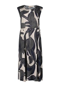 Robe longue sans manches avec imprimé floral abstrait noir et gris foncé, encolure ronde avec découpe en forme de goutte, et détail de ceinture nouée sur le côté.