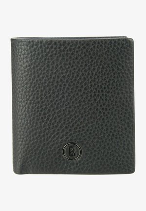 Schwarzer Leder Geldbeutel mit strukturiertem Finish und einem runden Logo-Akzent. Faltbares Design mit glatten Kanten und minimaler Hardware.
