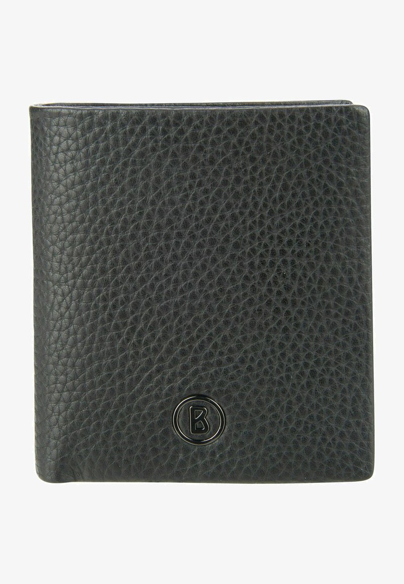 Zwarte leren portemonnee met een gestructureerde afwerking, voorzien van een cirkelvormig logo-accent. Vouwbaar ontwerp met zachte randen en minimale hardware.