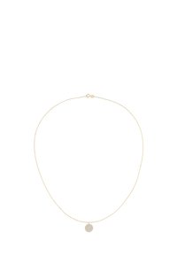 Halskette aus Gold mit einem zarten, runden Anhänger. Die Kette ist filigran und glatt, während der Anhänger eine strukturierte Oberfläche aufweist.