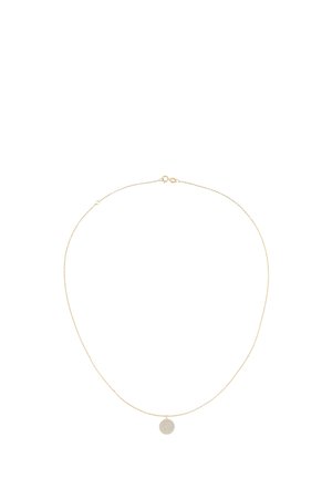 Halskette aus Gold mit einem zarten, runden Anhänger. Die Kette ist filigran und glatt, während der Anhänger eine strukturierte Oberfläche aufweist.