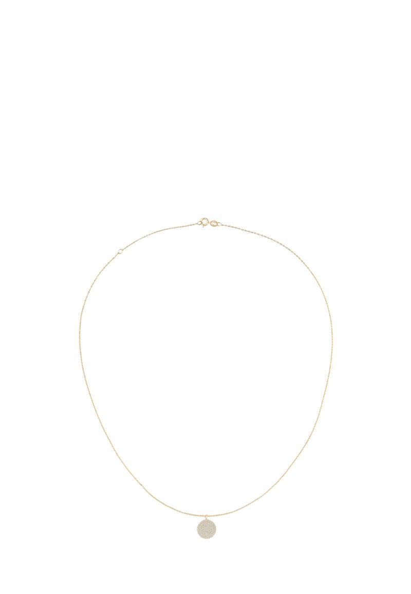 Halskette aus Gold mit einem zarten, runden Anhänger. Die Kette ist filigran und glatt, während der Anhänger eine strukturierte Oberfläche aufweist.
