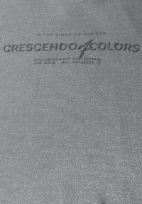 Grijze stof met een textuur oppervlak met verhoogde tekst: "CRESCENDO of COLORS" en een citaat eronder. Eenvoudig en schoon ontwerp.