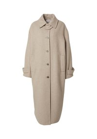 Beige Wollmantel mit Kragen, Knopfleiste, zwei Seitentaschen und langen Ärmeln. Hat eine gerade, verlängerte Silhouette.