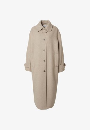 Beige Wollmantel mit Kragen, Knopfleiste, zwei Seitentaschen und langen Ärmeln. Hat eine gerade, verlängerte Silhouette.