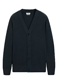 Donkerblauwe rib gebreide cardigan, V-hals ontwerp, knoopsluiting, lange mouwen, gestructureerde stof en een aansluitende taille.