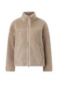 Veste polaire beige avec un col montant et une fermeture éclair, dotée de deux poches avant et d'une surface texturée. Coupe décontractée et confortable.