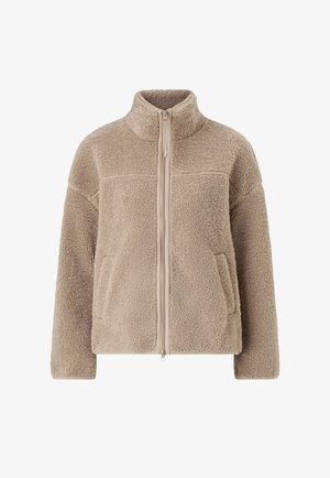 Beige fleecejakke med høj krave og lynlås, der har to forlommer og en tekstureret overflade. Casual, afslappet pasform.