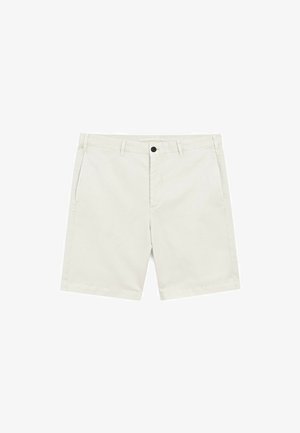 Shorts pour hommes en beige, en coton, dotés de deux poches avant, d'une fermeture à boutons et d'un design à jambe droite. Texture lisse, sans motifs.