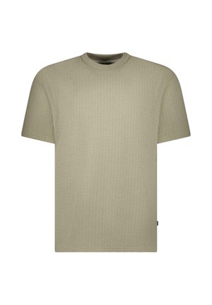 Beige T-shirt met korte mouwen en ronde hals, voorzien van een subtiele geribbelde structuur, weergegeven op een effen witte achtergrond.