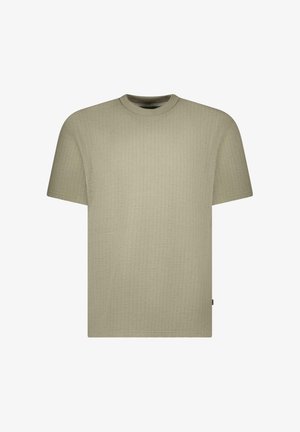 Beige T-shirt met korte mouwen en ronde hals, voorzien van een subtiele geribbelde structuur, weergegeven op een effen witte achtergrond.