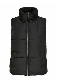 Gilet rembourré noir avec un col haut, fermeture éclair à l'avant et poches latérales. Présente une coupe carrée et une texture de tissu lisse.