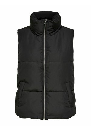 Zwarte gewatteerde vest met hoge kraag, rits aan de voorkant en zijzakken. Heeft een boxy vorm en een gladde textuur.