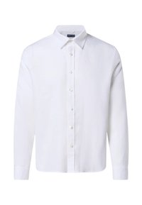 Camicia bianca con bottoni realizzata in tessuto leggero, presenta un colletto classico, bottoni frontali e un logo discreto sul petto.