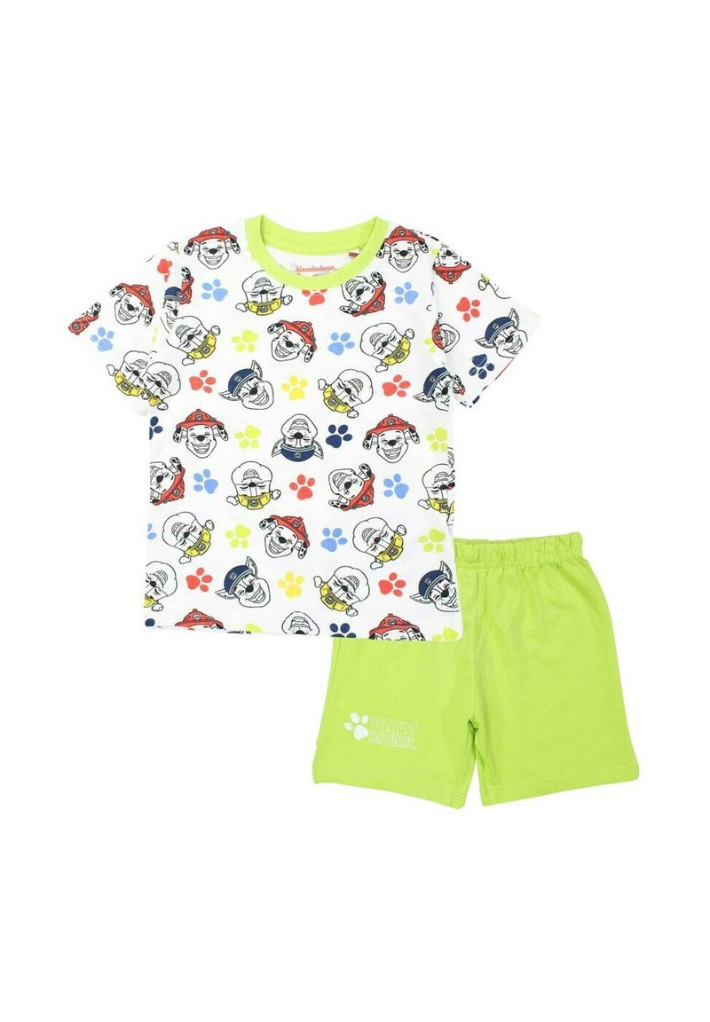 T-shirt avec des imprimés colorés des personnages de Paw Patrol, base blanche et bordure verte. Short vert assorti avec taille élastique et détails du logo.