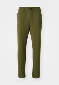 Olivgrüne Sweatpants mit elastischem Bund, Kordelzug, Seitentaschen und gerippten Bündchen. Weicher Stoff mit glatter Textur.
