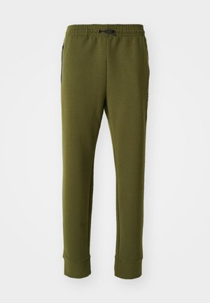 Olivgrüne Sweatpants mit elastischem Bund, Kordelzug, Seitentaschen und gerippten Bündchen. Weicher Stoff mit glatter Textur.
