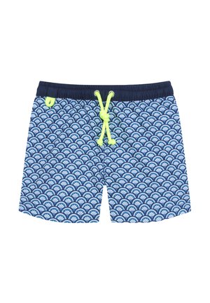 Shorts de bain bleu marine avec un motif de coquillage blanc, taille élastique et cordon de serrage vert fluo. Tissu léger avec une texture lisse.