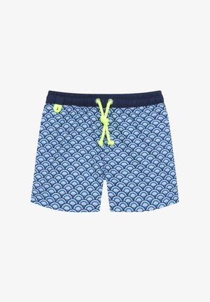 Shorts de bain bleu marine avec un motif de coquillage blanc, taille élastique et cordon de serrage vert fluo. Tissu léger avec une texture lisse.