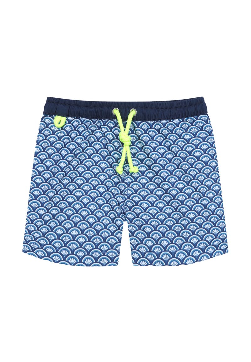 Shorts de bain bleu marine avec un motif de coquillage blanc, taille élastique et cordon de serrage vert fluo. Tissu léger avec une texture lisse.