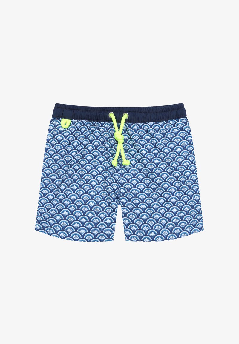 Shorts de bain bleu marine avec un motif de coquillage blanc, taille élastique et cordon de serrage vert fluo. Tissu léger avec une texture lisse.