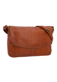 Smeđa kožna torba s remenom preko ramena, zatvaranjem na preklop, podesivim remenom i suptilnom teksturom. Pravokutni oblik s urednim šavovima.