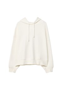 Vit kortärmad hoodie med dragsko i huvan, vida ärmar och en mjuk tygkänsla. Enkel design utan mönster eller extra detaljer.