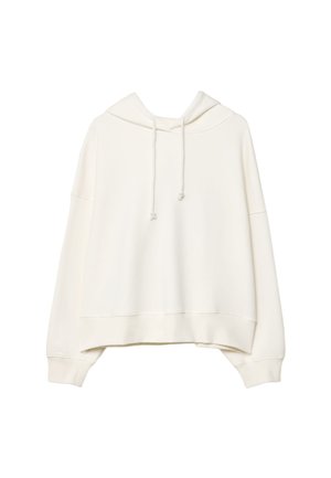 Haut en sweat blanc coupé avec capuche à cordon, manches larges et texture de tissu douce. Design simple sans motifs ni matériel supplémentaire.